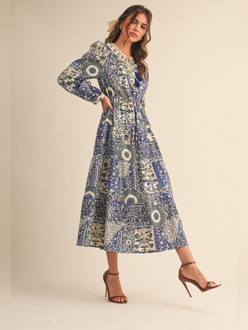 Blue and Cream Patchwork Print Long Sleeve Midi Dress